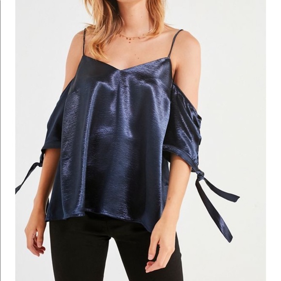 NWT UO Silky Satin Navy Tie Off Shoulder Top - Picture 5 of 5